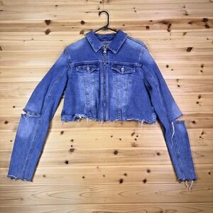 Juicy Couture Jean Jacket Womens XL Distressed Cropped Zip Up Long Sleeve Jacket